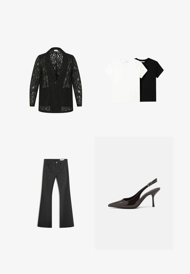 Fekete csipkeblázert, kivágott gallérral, két elülső zsebbel, egygombos záródással és átlátszó virágmintázattal.; Két rövid ujjú póló, az egyik fehér, a másik fekete, pamutból készült. Mindkettő kerek nyakkivágással és egyszerű, klasszikus dizájnnal rendelkezik.; Fekete, sima textúrájú farmer flare nadrág, két hátsó zsebbel és gombos derékkal.; Fényes sötétbarna lakkbőr magas sarkú slingback cipő, hegyes orral, nyitott oldalakkal és állítható bokapánttal.