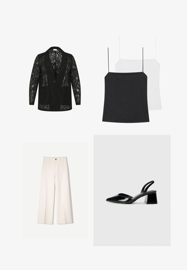 Czarna koronkowa marynarka z klapami, dwiema przednimi kieszeniami, zapięciem na jeden guzik i przezroczystym kwiatowym wzorem na całej powierzchni.; Na zdjęciu znajdują się dwa topy na ramiączkach: czarny i biały. Oba mają cienkie ramiączka oraz dopasowany krój wykonany z gładkiego, elastycznego materiału.; Kremowe spodnie szerokie z dopasowanym krojem, z dwoma przednimi kieszeniami i pojedynczym zapięciem na guzik z przodu, wykonane z gładkiego materiału.; Czarne lakierowane półbuty na obcasie z wydłużonym noskiem i geometrycznym słupkiem. Charakteryzują się eleganckim, minimalistycznym designem oraz gładką fakturą.
