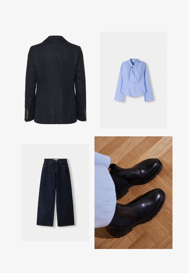 Ciemnoniebieska marynarka o teksturowanej tkaninie, z pojedynczym rozcięciem z tyłu, klapami o wycięciu, oraz mosiężnymi guzikami na mankietach.; Niebieska i biała w paski, długorękawowa koszula zapinana na guziki, z kołnierzykiem typu spread, dopasowanym krojem oraz zaokrąglonym dolnym wykończeniem. Teksturowany materiał bawełniany.; Granatowe dżinsy z szerokimi nogawkami i wysokim stanem, pięć kieszeni, kontrastowe szwy i srebrne metalowe akcesoria. Gładka tekstura i czyste wykończenie.; Czarne botki za kostkę wykonane z gładkiej skóry, z elastycznymi bocznymi panelami, teksturowaną gumową podeszwą oraz kontrastowym przeszyciem wzdłuż krawędzi.