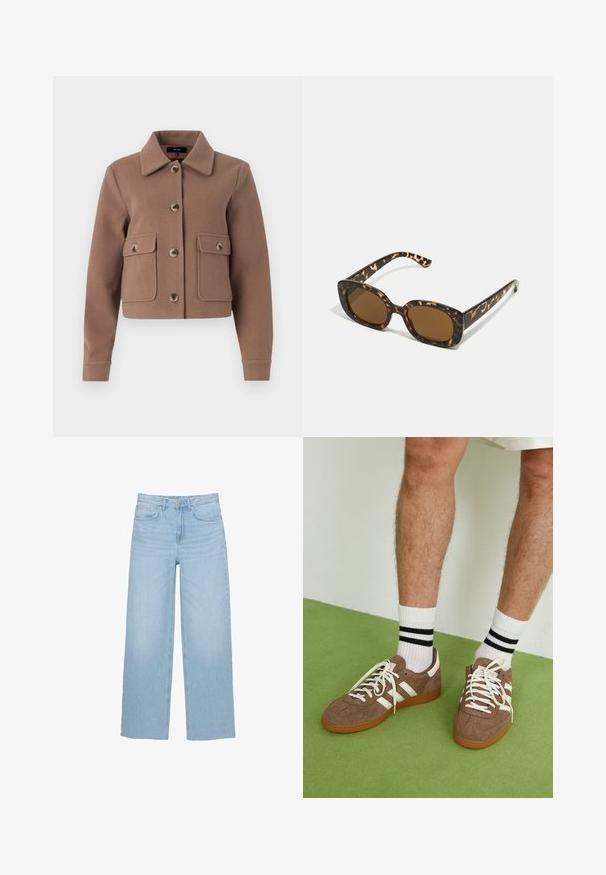 Brązowa, krótka kurtka z kołnierzem, z dużymi przednimi kieszeniami i zapięciem na guziki. Wykonana z miękkiego materiału o lekko teksturowanym wykończeniu.; Jasnoszary, w białe paski, skrócony sweter z wysokim kołnierzem i zamkiem z przodu. Teksturowana, dziana tkanina z prążkowanym wykończeniem.; Jasnoniebieskie dżinsy szerokie w nogawkach, wykonane z denimu, z wysokim stanem, prostym krojem oraz pięcioma kieszeniami i czystym wykończeniem.; Brązowe zamszowe sneakersy z białymi akcentami i sznurówkami. Gumowa, brązowa podeszwa. Noszone z białymi skarpetkami w czarne paski. Zielona teksturowana podłoga.; Okulary przeciwsłoneczne w kratkę z zaokrągloną, grubą oprawą i brązowymi soczewkami. Posiadają subtelne wzory oraz proste, zwężane zauszniki.
