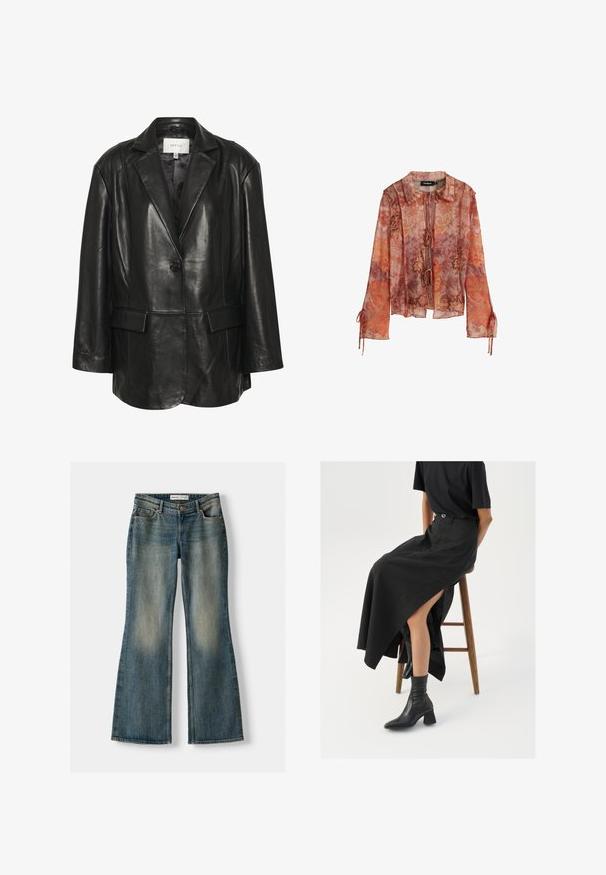 Gestuz BLAKELY - Bőrdzseki - black; Áttetsző, hosszú ujjú blúz piros és narancssárga virágmintával, gallérral és megkötős záródással. Ráncolt ujjakkal rendelkezik, amelyeken húzózsinórok találhatók.; Kék, bővülő fazonú farmernadrág, elhasználódott mosással, öt zsebbel és gombos záródással. Az anyag denim textúrája finom varrási részletekkel rendelkezik.; Fekete len maxi szoknya magas hasítékkal, fekete pólóval és fekete bokacsizmával viselve. Minimalista dizájn, laza illeszkedéssel.