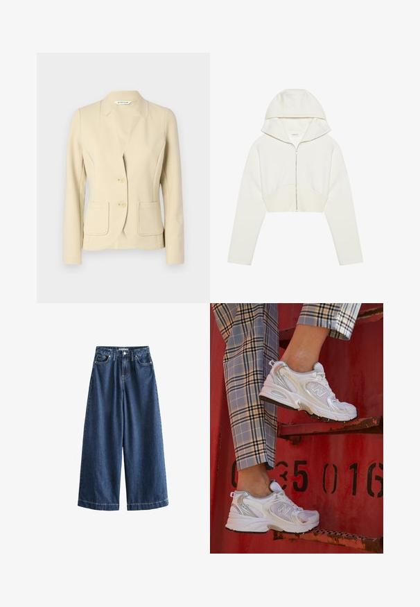 Blazer beige su misura realizzato in un materiale testurizzato, dotato di colletto a punta, due tasche frontali e due bottoni. Finitura in tessuto liscia.; Felpa corta bianca con zip e cappuccio, realizzata in un tessuto morbido, maniche lunghe e un dettaglio di cucitura sulla parte frontale. Texture liscia e zip metallica.; Top in cotone bianco a coste con pizzo sul collo e sulle maniche. Presenta una texture morbida e una forma aderente. Etichetta del marchio visibile all'interno.; Pantaloni in denim a gamba larga di colore blu scuro. Realizzati in cotone resistente, presentano una vita alta, tasche frontali e orli dritti e croppati con cuciture visibili.; Sneaker bianchi in rete con accenti argento e suola testurizzata, posizionati su una superficie rossa, abbinati a pantaloni a scacchi.