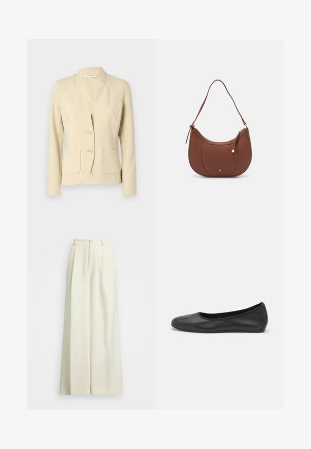 Beige skräddarsydd kavaj i texturerat material, med en slagkrage, två framfickor och två knappar. Slät yta.; Krämfärgad kabelstickad tröja med djup V-ringning, prydd med marinblå paljettrand på kragen och ärmsluten. Långa ärmar med ribbad nederkant.; Vida med vida byxorna i off-white tyg, med hög midja, dubbla veck och knappstängning. Slät textur och skräddarsydd design.; Svart läderballerinaskor med rund tå, slät yta, minimala söm detaljer och en flexibel sula.; Brun faux läder axelväska med rundad form, minimal sömnad och detaljer i guldfärgad hårdvara. Har en övre dragkedjestängning och justerbar rem.