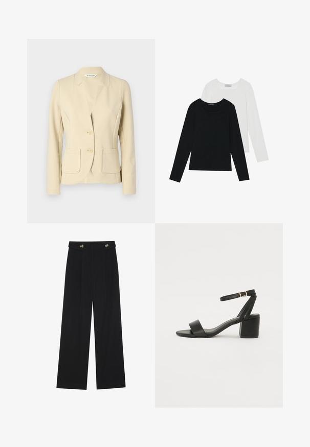 Beige színű, szabott blézer, texturált anyagból készült, kivágott gallérral, két elülső zsebbel és két gombbal. Simára kidolgozott anyagfelület.; Két hosszú ujjú felső, az egyik fekete, a másik fehér, mindkettő négyzet alakú nyakkivágással rendelkezik, és puha, rugalmas anyagból készült.; Fekete, bő szárú nadrág magas derékkal, gombos részletekkel a derékrészen és elülső pliszékkal.; Fekete magassarkú szandál sima bőr felső résszel, nyitott orral, széles elülső pántokkal és állítható bokapánttal, arany csat részlettel.