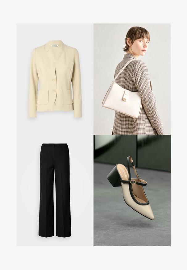 Sacou bej, croit din material texturat, cu guler tăiat, două buzunare frontale și două nasturi. Finisaj din material neted.; Tricou alb cu mânecă scurtă, made din bumbac moale. Are un guler rotund și o croială lejeră. Design curat, fără modele sau accente vizibile.; Pantaloni negri cu picioare largi dintr-un material neted, având talie înaltă, cusături adaptate și un design minimalist. Fără accesorii vizibile sau buzunare.; Pantof divers în nuanță bej, cu vârf ascuțit, curea de susținere în spate, cu margine neagră, cataramă aurie și toc gros pe un podea gri, cu un fundal verde închis.; Geantă de mână din piele albă cu un design structurat, având o închidere magnetică și un breteau, expusă pe un fundal neutru.