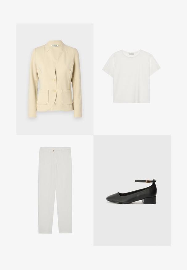 Beige tailored blazer made of textured material, featuring a notched collar, two front pockets, and two buttons. Smooth fabric finish.; White short-sleeve T-shirt made of soft cotton. Features a round neckline and relaxed fit. Clean design with no visible patterns or accents.; White, tailored trousers with a straight leg design, featuring a button closure, belt loops, and side pockets; smooth fabric texture.; Black leather pump with a pointed toe and a low block heel. Features an ankle strap with a gold-tone buckle. Smooth texture.