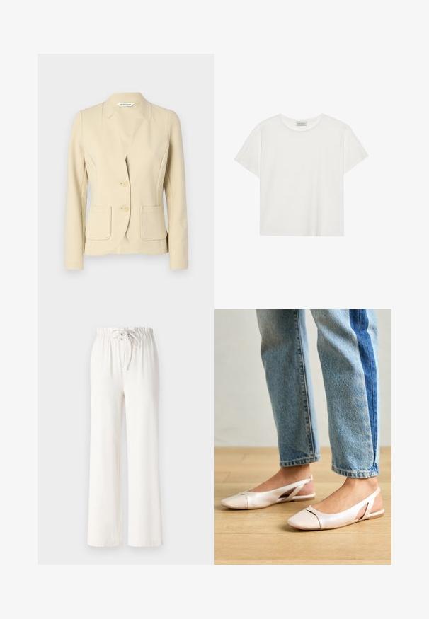 Beige skreddersydd blazer laget av teksturert materiale, med reverskrage, to frontlommer og to knapper. Glatt stofffinish.; Hvit T-skjorte med kort erm laget av myk bomull. Har rund hals og avslappet passform. Rent design uten synlige mønstre eller aksenter.; Hvite vide bukser laget av myk stoff, med snor i livet og jevn tekstur. Ingen mønstre eller dekorasjoner synlige.; Lys rosa slingback leiligheter med spiss tå, laget av et glatt, læraktig materiale. Har utskjæringer på sidene og lav hæl.