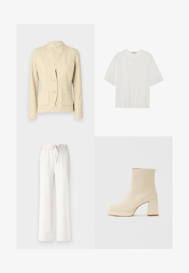 Blazer beige ajusté en matière texturée, avec un col cranté, deux poches avant et deux boutons. Fini en tissu lisse.; T-shirt blanc à manches courtes en tissu doux. Présente un col rond et une coupe légèrement ample. Texture lisse, détails minimalistes.; Pantalon large blanc en tissu doux, avec une taille à cordon de serrage et une texture lisse. Aucun motif ni embellissement visible.; Botte chelsea en cuir beige avec un talon bloc et une semelle à plateforme, finition lisse et pointe légèrement carrée, tournée vers la gauche sur un fond blanc.