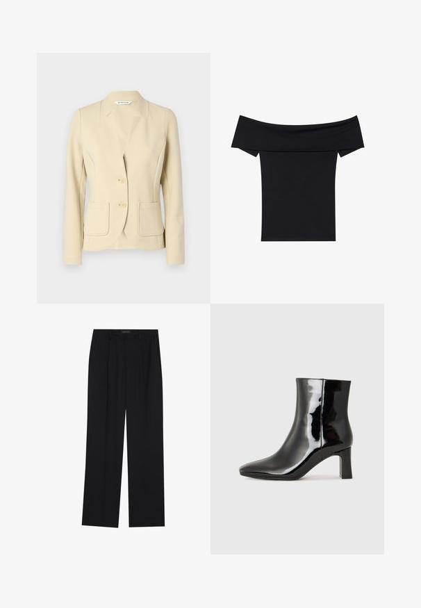 Beige színű, szabott blézer, texturált anyagból készült, kivágott gallérral, két elülső zsebbel és két gombbal. Simára kidolgozott anyagfelület.; Fekete, vállnál szabott felső, puha, rugalmas anyagból készült. Rövid ujjakkal és fitted sziluettel rendelkezik. Egyszerű, varrás nélküli kialakítás.; Fekete nadrág egyenes szárú kialakítással, két első zsebbel és derékrésszel. Simának és könnyű anyagból készült.; Fekete lakk bőrcipő bokáig érő, hegyes orral és közepes magasságú tömbsarokkal. Simább textúrával és minimalista dizájnnal rendelkezik.