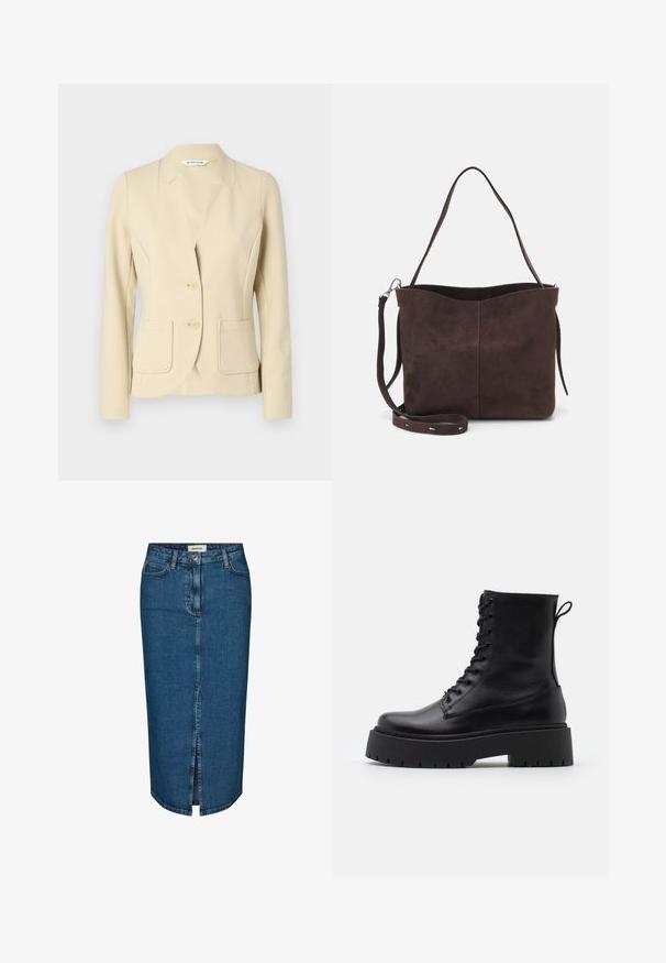 Beige op maat gemaakte blazer van textuurmaterialen, met een uitgesneden kraag, twee voorzakken en twee knopen. Soepele stofafwerking.; Witte top met korte mouwen, kenmerkend door een relaxte pasvorm, lichte stof en een ronde halslijn. De achterkant toont een glad, eenvoudig ontwerp.; Denim kokerrok in donkerblauw, met een voor Slits, vijf zakken en contrasterende stiksels. Mid-rise taille met een klassiek ontwerp.; Zwarte leren enkelboots met een ronde neus, vetersluiting aan de voorkant en een dikke rubberen zool met een gestructureerd profiel. Trekbandje aan de achterkant.; Bruine suède schoudertas met een zachte textuur, voorzien van een enkele schouderband en een subtiele, gebogen bovenopening. Geen zichtbare hardwaredetails.