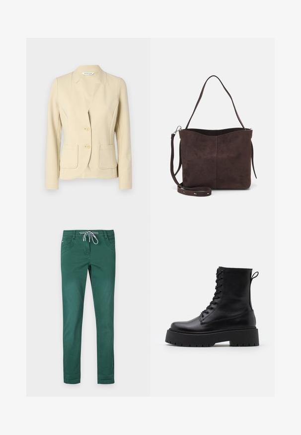 Bež jakna krojena iz teksturiranega materiala, s odprtim ovratnikom, dvema sprednjima žepoma in dvema gumboma. Gladek zaključek tkanine.; Bela majica s kratkimi rokavi, ki ima sproščen kroj, lahkoten material in okrogel izrez. Zadnji pogled prikazuje gladko, preprosto zasnovo.; Zelene hlače iz bombažne mešanice s ravnim krojem, pasom na vrvico in dvema sprednjima žepoma. Gladka tekstura in brez vzorcev.; Črne usnjene gležnjarje z okroglo konico, vezalnim sprednjim delom in debelim gumijastim podplatom z teksturiranim profilom. Zanka na hrbtni strani.; Rjava gamoška torba z mehkobo teksturo, ki ima en samo ramenski trak in subtilno ukrivljen zgornji del. Brez vidnih kovinskih detajlov.