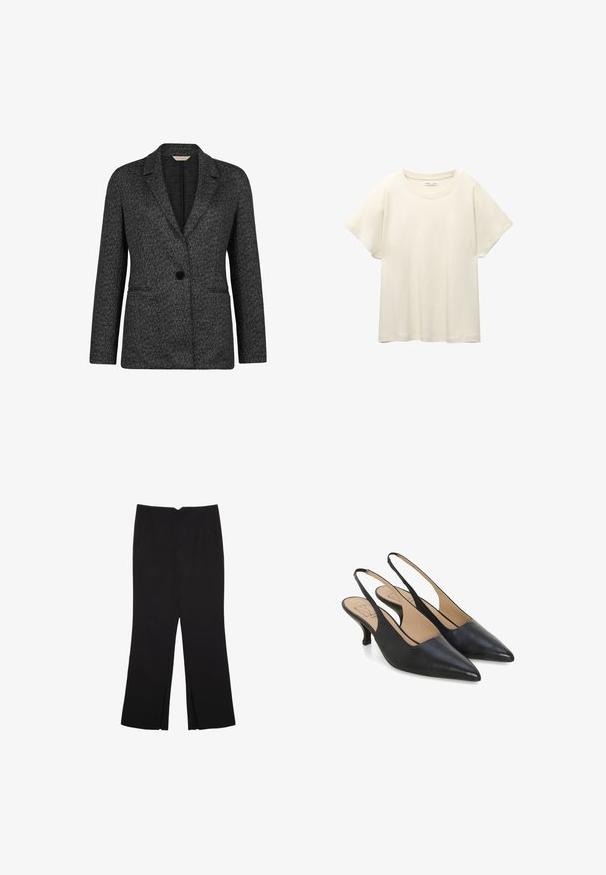 Czarna i szara marynarka w jodełkę z klapami, z pojedynczym zapięciem na guzik i dwoma przednimi kieszeniami. Wykonana z teksturowanej tkaniny.; Jasno beżowa, krótko rękawowa koszulka z okrągłym dekoltem, wykonana z miękkiego, gładkiego materiału. Posiada luźny krój i prosty dół.; Czarne spodnie o prostym kroju, z przednimi kieszeniami i bocznymi rozcięciami na dole. Wykonane z miękkiego, gładkiego materiału. Odpowiednie na różne okazje.; Czarne skórzane buty na odkrytej pięcie z szpiczastym noskiem, niskim obcasem i gładką fakturą. Wnętrze wykończone beżową wkładką z logo.