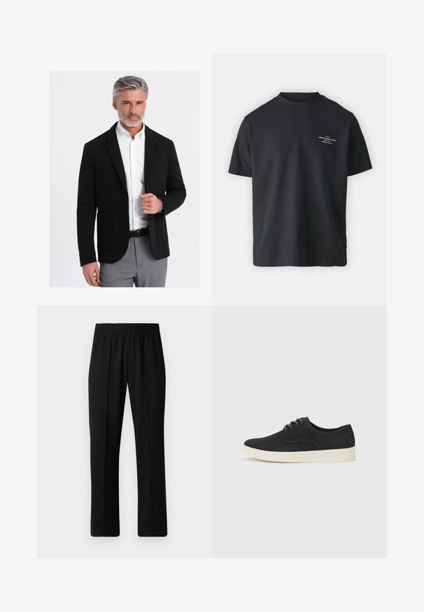 Blazer nero con una vestibilità su misura, bottone singolo, rever e tasche frontali, abbinato a una camicia bianca e a un paio di pantaloni grigi chiari con motivo.; T-shirt in cotone nero con collo rotondo, maniche corte e una piccola stampa di testo bianco sul davanti, caratterizzata da una vestibilità comoda e una texture liscia.; Pantaloni neri con vita elasticizzata e design a gamba dritta, caratterizzati da una texture liscia e senza motivi o hardware visibili.; Scarpa in suede nera con lacci, punta arrotondata, suola leggera color crema e dettagli di cucitura blu discreti sulla parte superiore.