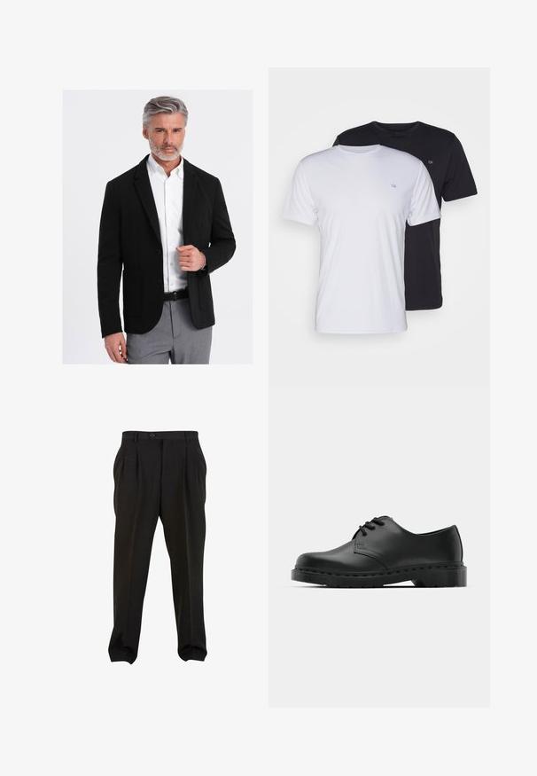 Svart blazer med en skräddarsydd passform, en knapplåsning, slag och framfickor, kombinerad med en vit skjorta och ljusgrå mönstrade byxor.; Två bomullströjor i vitt och svart, kortärmad med rund hals, med en liten logotyp på bröstet, slät textur.; Svarta byxor i en slät tygkvalitet, med framfickor, en knapp i midjan och avsmalnande ankleder. Klassisk skräddarsydd silhuett.; Svart lädersko i oxford-stil med snörningsdesign, rund tå, platt gummisula och subtila sömdetaljer längs ovandelen.