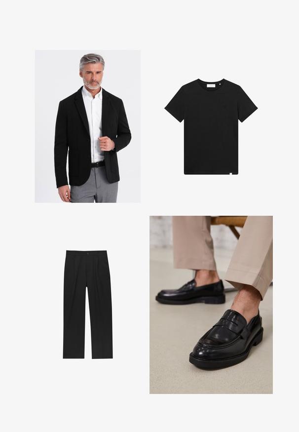 Zwarte blazer met een getailleerde pasvorm, enkele knoop, revers en voorzakken, gecombineerd met een witte blouse en lichtgrijze gestreepte broek.; Zwarte T-shirt met korte mouwen van katoen, met een ronde hals en een klein logo geborduurd op de borst. Soepele textuur, normale pasvorm.; Zwarte broeken met een recht model, gemaakt van een gladde stof. Voorzien van een voorplooien en een enkele knoopsluiting bij de taille.; Zwarte leren loafers met een gladde afwerking, voorzien van een decoratieve band en contrasterende stiksels, gecombineerd met beige broeken.