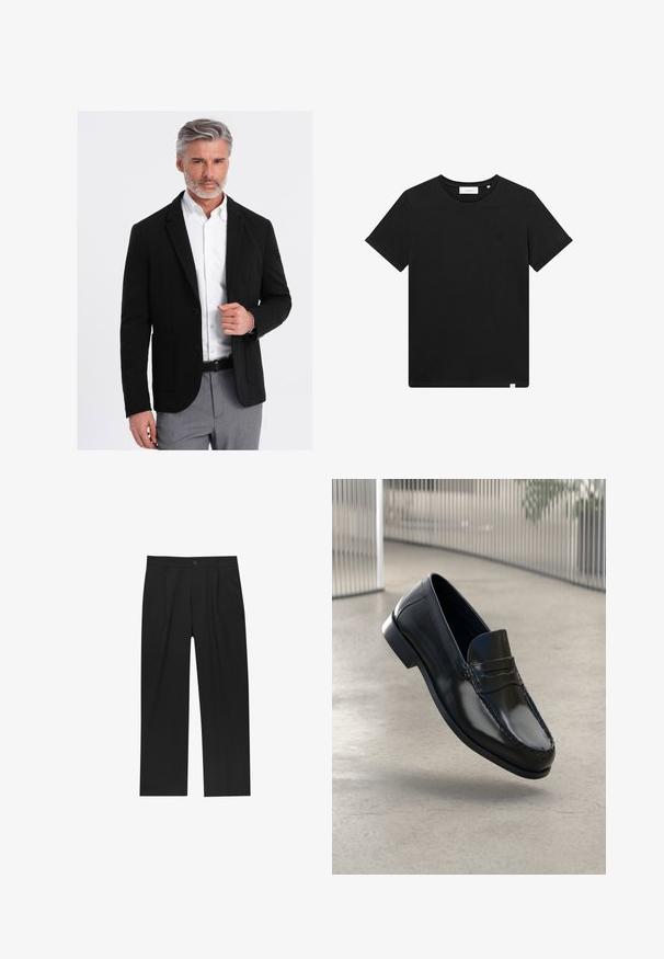 Mustat bleiseri, jossa on säädetty istuvuus, yksinkertainen nappi, kaulukset ja etutaskut, yhdistettynä valkoiseen paitaan ja vaaleanharmaisiin kuvioituun housuihin.; Lyhythihaine musta T-paita, joka on valmistettu puuvillasta. Paidassa on pyöreä pääntie ja pieni brodeerattu logo rinnassa. Sujuva rakenne, normaali istuvuus.; Mustat housut suoranlahkeisella muotoilulla, valmistettu sileästä kankaasta. Ominaisuuksiin kuuluu etupleateet ja yksi nappikiinnitys vyötäröllä.; Musta nahkainen loafers-malli, jossa on sileä pinta, pyöreä kärki, koristeompeleet ja hieman korotettu ulkopohja.