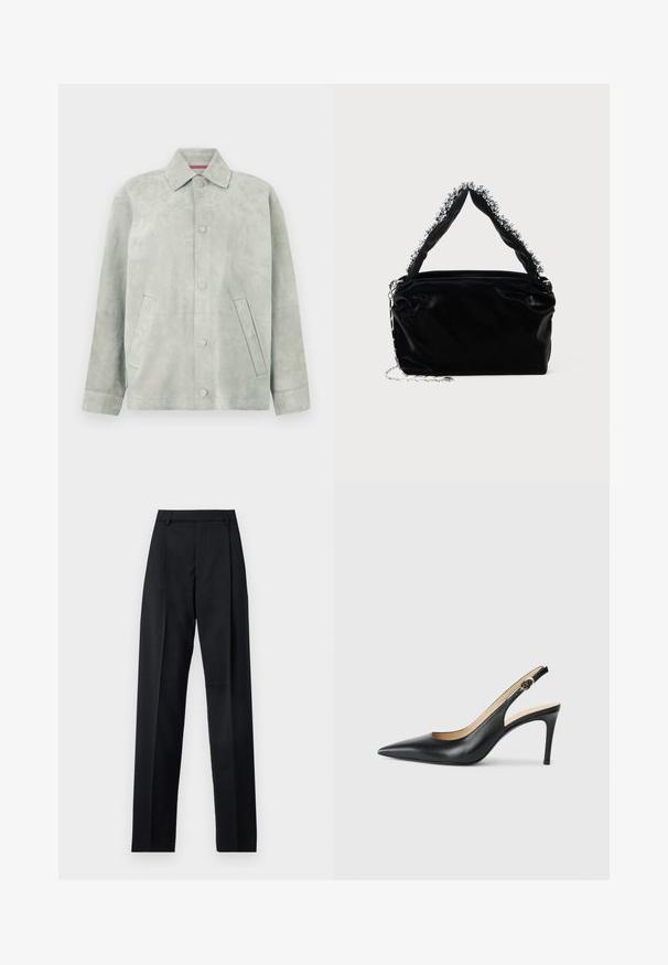 Giacca in pelle scamosciata grigio chiaro con chiusura frontale a bottoni, colletto a punta, maniche lunghe e tasche laterali inclinate su sfondo semplice.; T-shirt nera a maniche corte realizzata in morbido cotone, con scollo rotondo e vestibilità comoda, caratterizzata da un sottile dettaglio arricciato sul lato.; Pantaloni neri realizzati in tessuto morbido, caratterizzati da vita alta, gambe larghe, pince frontali e classiche passanti per cintura. Non ci sono tasche laterali visibili.; Slingback in pelle nera con i tacchi alti a punta, cinturino regolabile e tacco a spillo elegante, caratterizzati da una finitura liscia.; Borsa a tracolla nera in ecopelle con finitura testurizzata, caratterizzata da un accento in argento con perline lungo il manico superiore e una tracolla a catena.