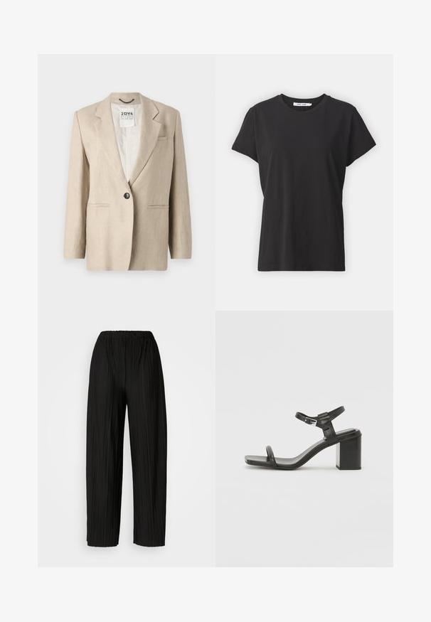 Beige vászon blézer egy fekete gombbal, kihajtott gallérral, két elülső zsebbek és laza szabással. Bélés nélküli belső.; Fekete pamut póló klasszikus kerek nyakkal, rövid ujjakkal és laza fazonnal. Simább textúra, látható minták vagy díszítések nélkül.; Fekete, pliszírozott, bőszárú nadrág rugalmas derékkal. Az anyag függőleges pliszékkel és sima textúrával rendelkezik.; Fekete bőr, tömbsarkú szandál széles pánttal a lábujjak felett és állítható bokapánttal, letisztult, minimalista dizájnnal.