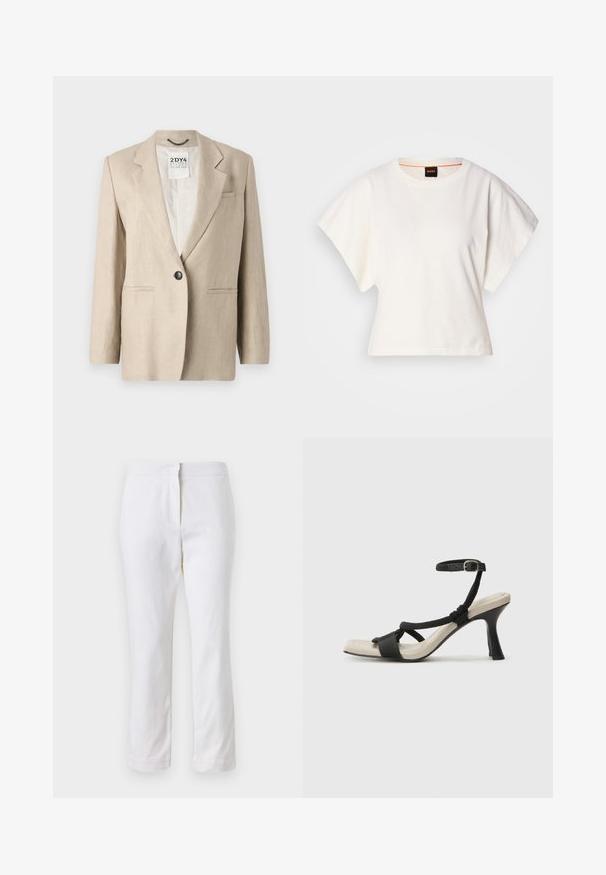 Beige linen blazer with a single black button, notched lapels, two front pockets, and a relaxed fit. Unlined interior.; White cropped T-shirt, short wide sleeves, soft cotton material, round neckline with subtle orange trim, minimal design, no patterns or graphics.; White cotton pants with a straight leg design, featuring a mid-rise waist and no visible hardware or patterns. Smooth texture throughout.; Black heeled sandal with braided strap design, square toe, and adjustable ankle strap. Light beige footbed with a glossy black heel.