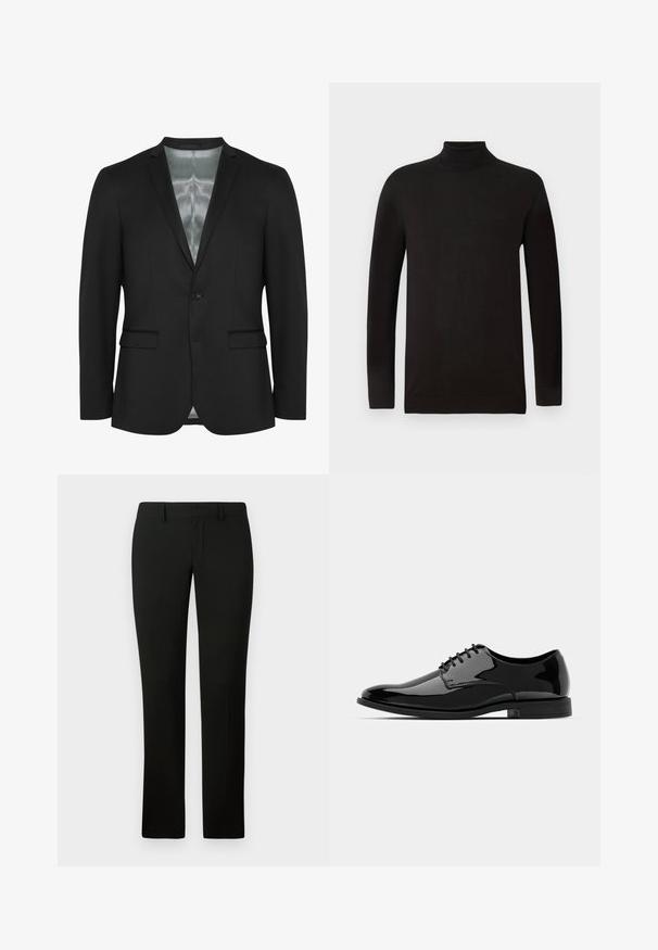 Czarna marynarka o dopasowanym kroju, z pojedynczym zapięciem na guzik, dwoma przednimi kieszeniami i satynową podszewką. Gładki, teksturowany materiał o klasycznym designie.; Czarny sweter z golfem, wykonany z miękkiej dzianiny. Posiada długie rękawy i dopasowany krój z żebrowanym kołnierzem oraz dołem. Minimalne logo.; Czarne spodnie o dopasowanym kroju, z gładką fakturą i prostymi nogawkami. Pas wyposażony jest w szlufki na pasek i ma estetyczne wykończenie.; Czarne, lakierowane buty wizytowe ze zaokrąglonym noskiem, sznurowane, o gładkiej, błyszczącej powierzchni. Posiadają niski, gumowy obcas.