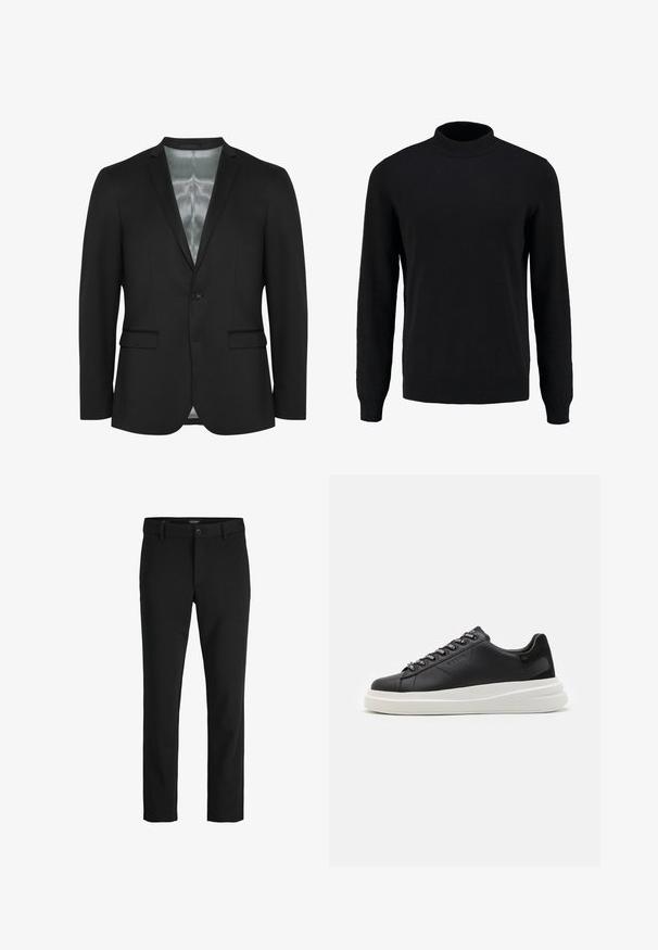 Blazer nero con vestibilità slim, chiusura a un bottone, due tasche frontali e rivestimento in satin. Tessuto liscio e strutturato con un design classico.; Maglione nero lavorato a maglia con colletto alto, maniche lunghe e polsini e orlo a costine, caratterizzato da una texture liscia e una silhouette classica.; Pantaloni neri realizzati in un tessuto elegante, con un design classico, taglio dritto, chiusura frontale con bottone e tasche laterali.; Sneaker in pelle nera con suola in gomma bianca, dotato di lacci piatti e occhielli brandizzati. Texture morbida con un accento laterale a contrasto.