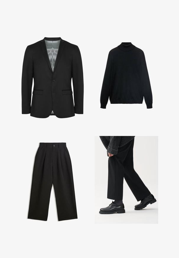 Blazer nero con vestibilità slim, chiusura a un bottone, due tasche frontali e rivestimento in satin. Tessuto liscio e strutturato con un design classico.; Maglione a collo alto nero con un colletto aderente, maniche lunghe e polsini e orlo a coste. Realizzato in tessuto morbido ed elastico con una texture liscia.; T-shirt in cotone nero con collo rotondo classico, maniche corte e vestibilità rilassata. Tessuto morbido, senza fantasie o decorazioni.; Pantaloni neri con una vestibilità comoda, caratterizzati da pieghe frontali, tasche laterali e chiusura con bottone. Realizzati in tessuto testurizzato.; Scarpe in pelle nera con punta arrotondata, design con lacci e suola spessa e texture. Indossate con pantaloni neri su misura e un maglione a coste.