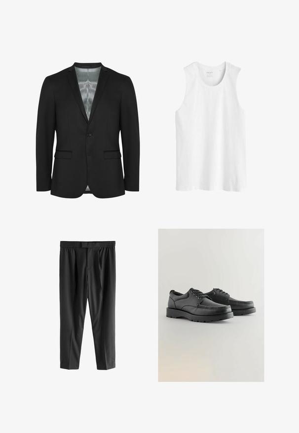 Juodas bleiseris su lieknu siluetu, vieno mygtuko uždarymu, dviem priekinėmis kišenėmis ir satino pamušalu. Lygus, tekstūruotas audinys su klasikinio dizaino akcentais.; Balta be rankovių palaidinė, pagaminta iš medvilnės. Charakterizuojama apvaliu iškirpimu ir tiesiu šonu, su įprasta forma, be raštų ar papuošimų.; Next REGULAR FIT -CHECK SMART - Chino stiliaus kelnės - black; Juodos odinės bateliai su tekstūruota viršutine dalimi, apvaliu priekiu, raištelių dizainu ir storais guminiais padais su protektoriumi.