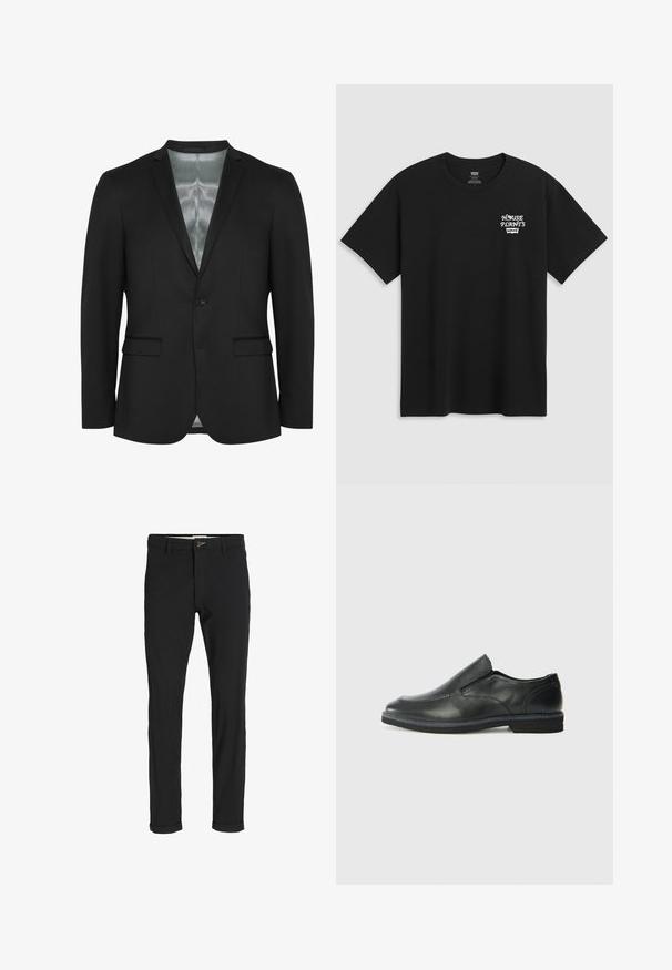 Juodas bleiseris su lieknu siluetu, vieno mygtuko uždarymu, dviem priekinėmis kišenėmis ir satino pamušalu. Lygus, tekstūruotas audinys su klasikinio dizaino akcentais.; Juodas medvilninis marškinėliai su krūtinės spauda, kuri skaito "NAMŲ AUGALAI" balta stilizuota šriftu su "Levi's" žemiau. Klasikinis apvalus iškirpimas.; Juodi medvilnės mišiniai kelnės su siauru siluetu, su mygtuko uždarymu, kišenėmis ir sukamučiais galais, suteikiančiais laisvalaikio stilių.; Juodai odiniai įtvirtinimo batai su lygiu paviršiumi, siuvinėjimo akcentais, apvalia nosimi ir žemu guminiu kulnu. Pado raštas minimalus.