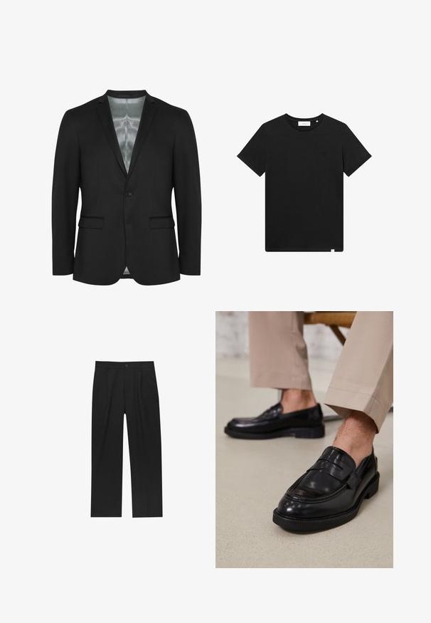 Blazer nero con vestibilità slim, chiusura a un bottone, due tasche frontali e rivestimento in satin. Tessuto liscio e strutturato con un design classico.; T-shirt nera a maniche corte in cotone, con scollatura rotonda e un piccolo logo ricamato sul petto. Tessuto liscio, vestibilità standard.; Pantaloni neri con un design a gamba dritta, realizzati in un tessuto liscio. Presentano pieghe frontali e una chiusura a un bottone in vita.; Mocassini in pelle nera con finitura liscia, dotati di una cintura decorativa e cuciture a contrasto, abbinati a pantaloni beige.