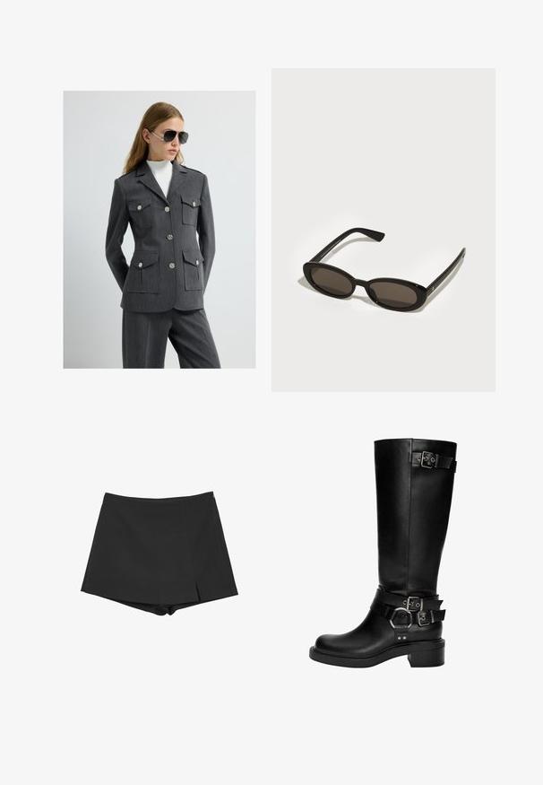 Blazer grigio su misura con quattro tasche applicate, bottoni argentati e colletto strutturato, abbinato a pantaloni grigi e un dolcevita bianco.; PULL&BEAR Top - white; Pantaloni corti neri con un design a pieghe, realizzati in tessuto liscio. Presentano una cerniera laterale e una piega sottile per un tocco di dettaglio.; Stivali alti neri in pelle fino al ginocchio con punta rotonda, tacco a blocco e numerose cinghie decorative con fibbie e accenti argentati.; Occhiali da sole neri con lenti ovali semi-senza montatura. Montatura lucida e bracci eleganti. Lenti scure con dettagli hardware minimi.; Borsa a mano in pelle nera con una texture liscia, design strutturato, doppi manici e un dettaglio clasp in argento al centro.