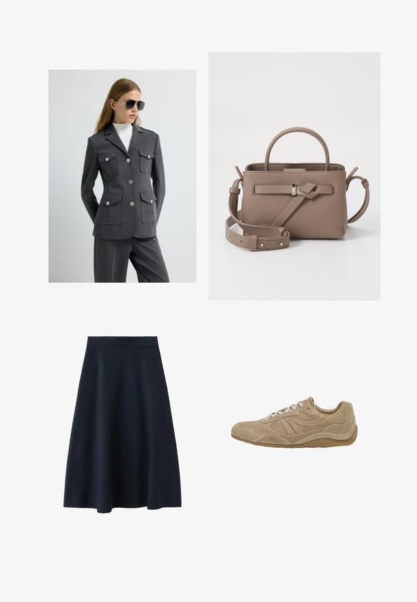 Grå skræddersyet blazer med fire påsyede lommer, sølvknapper og en struktureret krave, parret med grå bukser og en hvid turtleneck.; Mørkegrå kortærmet striktrøje med rund hals, fremhævet af en løs pasform og raglanærmer, lavet af et blødt, tekstureret stof.; En mørk navy midi-nederdel lavet af glat stof, med en tætsiddende talje og en svinget form, uden synlige mønstre eller udsmykninger.; Beige ruskinds sneaker med lav profil, tekstureret overflade og hvide snørebånd. Har et buet design og en gummisål for godt greb.; Taupe tekstureret læderhåndtaske med tophåndtag, justerbar skulderrem og dekorativ knude detalje på en ren hvid baggrund.