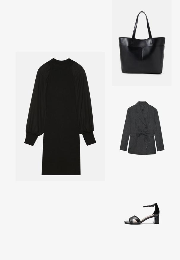 Sort og grå ternet blazer med dobbeltradet design, taljebånd, notch revers og to forlommer. Struktureret stoffinish.; Sort kjole med ribbet stof, puffede ærmer og høj halsudskæring. Silhuetten er lige og går ned til knæet.; Sort åben tå hæl sandal med krydsede remme, justerbar ankelrem og en chunky hæl, der har en glat læderoverflade.; Sort læder tote taske med to lange håndtag, en glat tekstur og en struktureret form. Har en forlommem for ekstra opbevaring.