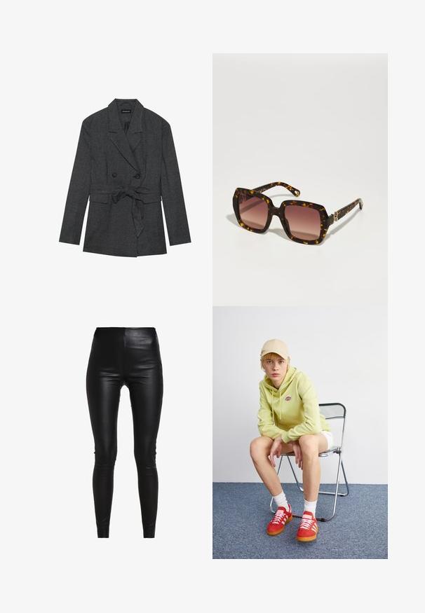 Juodas ir pilkas kvadratinis švarkas su dvigubų mygtukų dizainu, liemeniu, notch apykakle ir dviem priekinėmis kišenėmis. Tekstūruotas audinys.; Pilkas mezginis megztinis su aukštu kaklu, pasižymintis laisvu siluetu, grioveliais apvalkaliukais ir apačia, bei tekstūriniu audiniu. Nugaros pusėje paprastas, be papildomų detalių.; Juodos dirbtinės odos leginsai su aukštu liemeniu, priglundančio dizaino, lygios tekstūros ir be matomų siūlių ar papuošimų.; Šviesiai žalia sukapota palaidinė su logotipu, balti šortai, raudoni sportbačiai su baltais dryžiais, sėdintis ant chromuoto sulankstomo krėslo prieš neutralų foną.; CHLOÉ Akiniai nuo saulės - havana/red; Juodas odinis rankinės su išlenktu dizainu, auksinių atspalvių furnitūra ir viršutine rankena. Savybės - stilingas uždarymas ir glotni tekstūra.