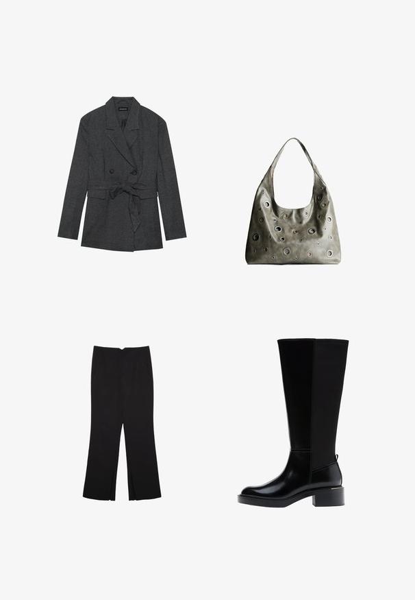 Černý a šedý kostkovaný blazer s dvouřadým zapínáním, páskem v pase, klopami a dvěma předními kapsami. Texturovaný povrch.; Černý krátký rukáv top vyrobený z hladké látky; má drapovaný výstřih a asymetrický lem, s přiléhavým střihem.; Černé kalhoty s rovným střihem, s předními kapsami a bočními rozparky na lemu. Vyrobené z jemné, hladké tkaniny. Vhodné na různé příležitosti.; Černá kozačka ke kolenu z hladké kůže, s výrazným prošíváním, robustním podpatkem a texturovaným zadním panelem pro větší zajímavost.; Olivově zelená kožená kabelka s uvolněným designem, která má kulaté výřezy různých velikostí a akcenty v tmavších a světlejších odstínech.