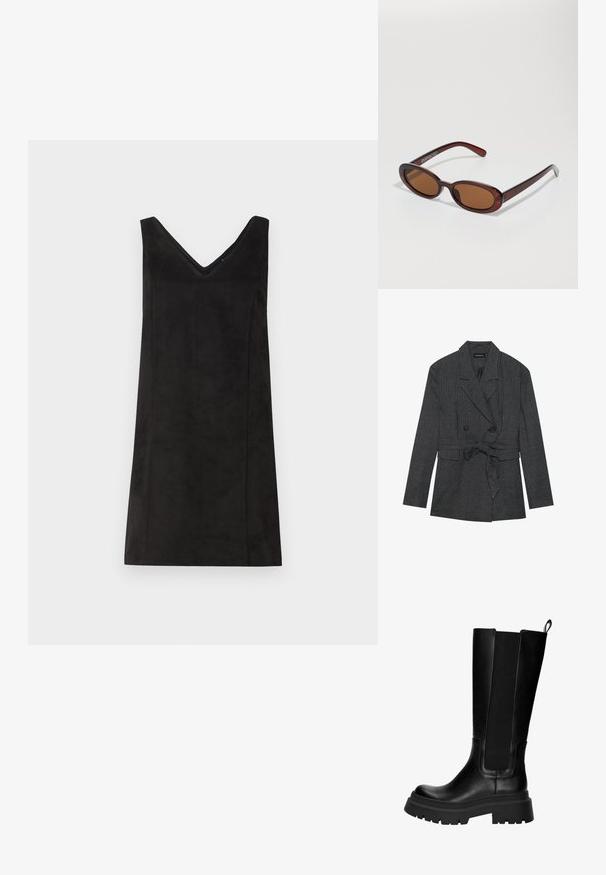 Zwart en grijs geruite blazer met een dubbelzijdig ontwerp, tailleband, notch-lapels en twee voorzakken. Textuur afgewerkte stof.; Langsleeve top in crème kleurige stof, met een lichte gathering aan de zijkanten en een klassieke kraag. Glad oppervlak, eenvoudig design.; Zwart mouwloos jurkje met een V-hals, gemaakt van een zacht materiaal, met een rechte snit en minimale details. Soepele textuur.; Knielange zwarte leren laarzen met elastische zijpanelen, stevige rubberen zool en een stevige hak. Gladde textuur met minimale stikdetails.; Ronde, bruin getinte zonnebril met een glanzend bordeauxrood frame. Slanke pootjes met subtiele merkdetails. Vlakke lensontwerp.