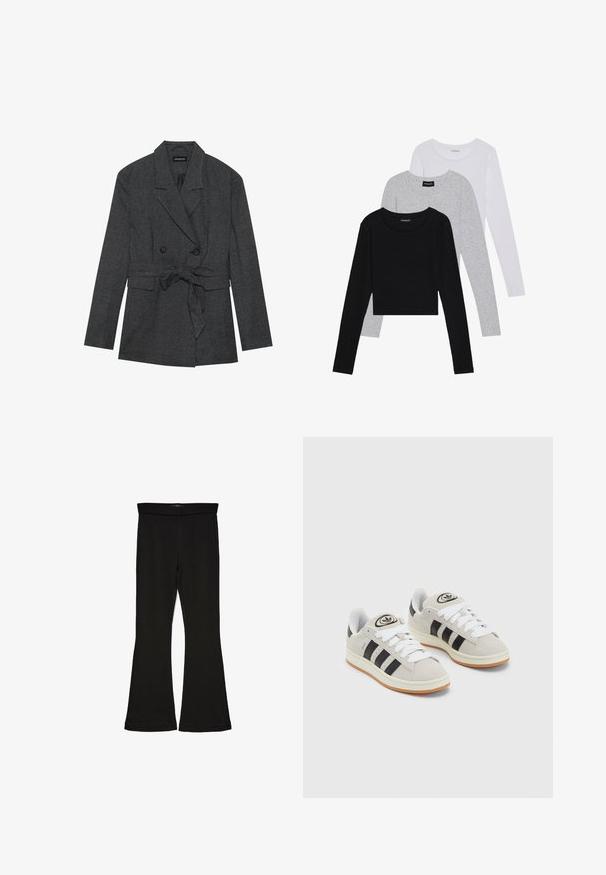 Karirani sivi i crni blejzer s dvostrukim kopčanjem, pojasom u struku, reverima u obliku slova notch i dva prednja džepa. Tkanina s teksturiranim završetkom.; Tri dugih rukava posložena: crna, siva i bijela. Svaka ima okrugli izrez i skrateni kroj s glatkom, laganom tkaninom.; Crne hlače na tregere od rastezljivog materijala. Imaju širok pojas i glatku teksturu, s uskim krojem koji se širi na rubu.; Sive suede tenisice s bijelim vezicama, crnim prugama i bijelim gumiranim potplatom. Imaju kružni logo na jeziku i gumeni potplat.
