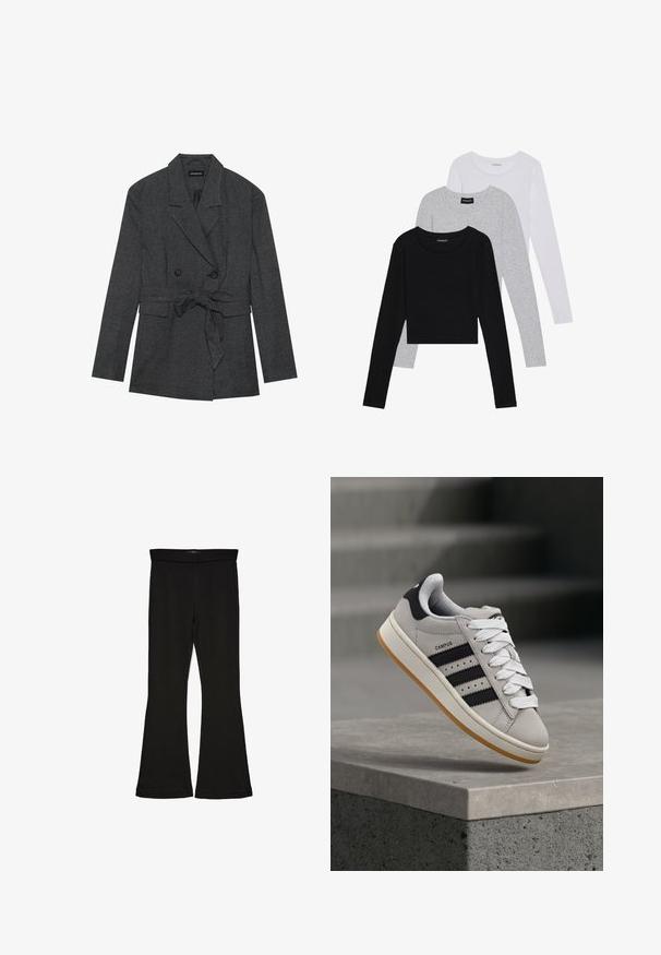 Svart og grå rutete blazer med dobbelknappeløsning, belte i midjen, spisse slag og to frontlommer. Teksturerte stoffdetaljer.; Tre lange ermer t-skjorter stablet: svart, grå og hvit. Hver har en rund hals og et kort design med glatt, lett stoff.; Sorte flared leggings laget av stretchy stoff. Har en bred midjebånd og en glatt tekstur, med en tettsittende silhuett som blir videre nedover.; Grå Adidas Campus-sneakers med svarte striper og hvite lisser som svever over en betongkant med trapper i bakgrunnen.