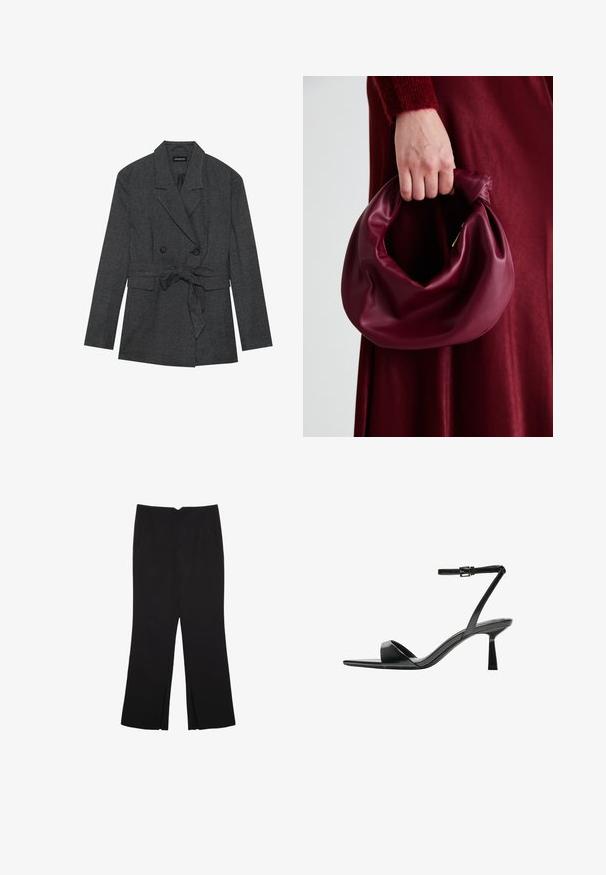 Sort og grå ternet blazer med dobbeltradet design, taljebånd, notch revers og to forlommer. Struktureret stoffinish.; Sort langærmet cropped top med rund halsudskæring, ensfarvet design og let buet kant.; Sorte bukser med lige pasform, der har frontlommer og slidser i kanten. Lavet af blødt, glat stof. Velegnet til forskellige anledninger.; Bershka Højhælede sandaletter / Højhælede sandaler - black; Bordeaux læderhåndtaske med et blødt, samlet design og en rund form. Håndtaget er sikret og viser en glat tekstur.