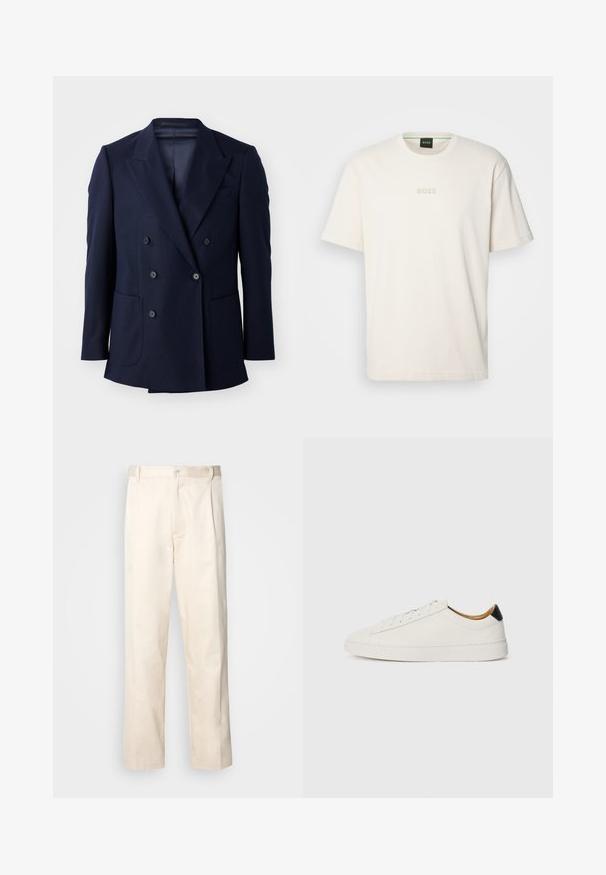 Blazer azul marinho de corte duplo, com um tecido texturizado, lapelas em pico, dois grandes bolsos frontais e seis botões pretos.; BOSS TEE - T-shirt básica - open white; Calças de algodão bege com corte reto, apresentando um fecho de botão e pregas na frente para um detalhe adicional.; Sapatilhas brancas com um cabedal em couro liso, bico redondo e sola plana. Detalhe preto no calcanhar, com atacadores tonais e uma marcação minimalista.