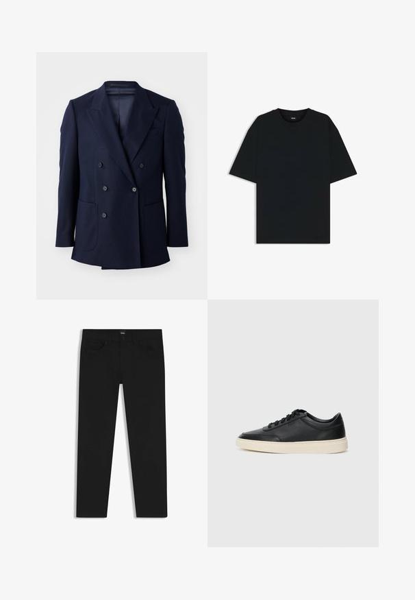 Marinblå dubbelknäppt kavaj, med ett strukturerat tyg, spetsiga revers, två stora framfickor och sex svarta knappar.; Svart bomullströja med rund hals och korta ärmar. Har en lös passform och en enkel design utan mönster eller accenter.; Svarta denimbyxor med rak passform, med en standard midja, fem fickor och knäppning med knapp. Slät yta genomgående.; Svart låg skor i läder med svarta snören och off-white sula, visas i sidoprofil på vit bakgrund.