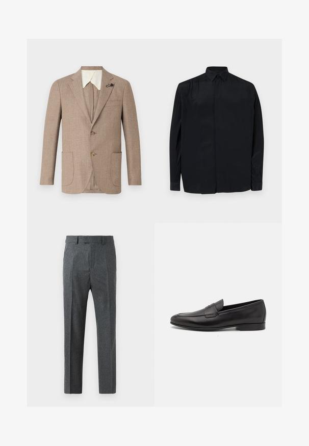 Vaaleanruskea takki, jossa on teksturoitu kangas, lovet kaulukset, kaksiknopillinen edusta ja kaksi etupistettä. Sisältää erottuvan valkoisen kauluksen.; Musta pitkähihaine paita, joka on valmistettu sileästä kankaasta. Siinä on klassinen kaulus, nappilista ja rento istuvuus, jossa on kynsikkäät hihat.; Harmaat räätälöidyt housut, joissa on hieno ruutukuosi, suora lahje ja sileä kangas. Varustettu vyölenkeillä ja vetoketjulla.; Musta nahkainen miesten loaferi, jossa on matala korko ja klassinen penny-nauha, esitelty sivuprofiilissa valkoista taustaa vasten.