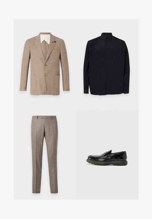 Világosbarna kabát textúrált anyagból, nőtt hajtókákkal, dupla gombos elülső részel és két elülső zsebbel. Különböző fehér gallérral rendelkezik.; Fekete, hosszú ujjú ing sima anyagból, klasszikus gallérral, gombos zipzárral, laza szabással és megkötött ujjakkal.; Barna gyapjú keverék nadrág egyenes lábformával, diszkrét textúrával és gyűrődési vonalakkal, klasszikus derékpánttal ellátva.; Fekete bőr loafer, fényes felülettel, kerek orral, diszkrét varrási részletekkel és vastag gumitalppal a tartósság érdekében.