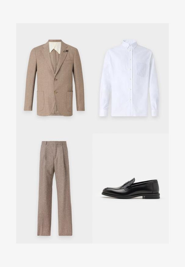 Világosbarna kabát textúrált anyagból, nőtt hajtókákkal, dupla gombos elülső részel és két elülső zsebbel. Különböző fehér gallérral rendelkezik.; Fehér, hosszú ujjú, gombos ing pamutból, mellzsebbel, tónusos hímzéssel, gallérral és gombos mandzsettával.; Barna, magas derekú nadrág texturált anyagból. Széles szárai és két elülső redője biztosítja a struktúrát. Ízléses kivitel, látható fémszerelés nélkül.; Fekete bőr loaferek sima textúrával, kerek orral és dekoratív pánttal a vampnál. Alacsony, rétegelt sarkú, minimalista dizájn.