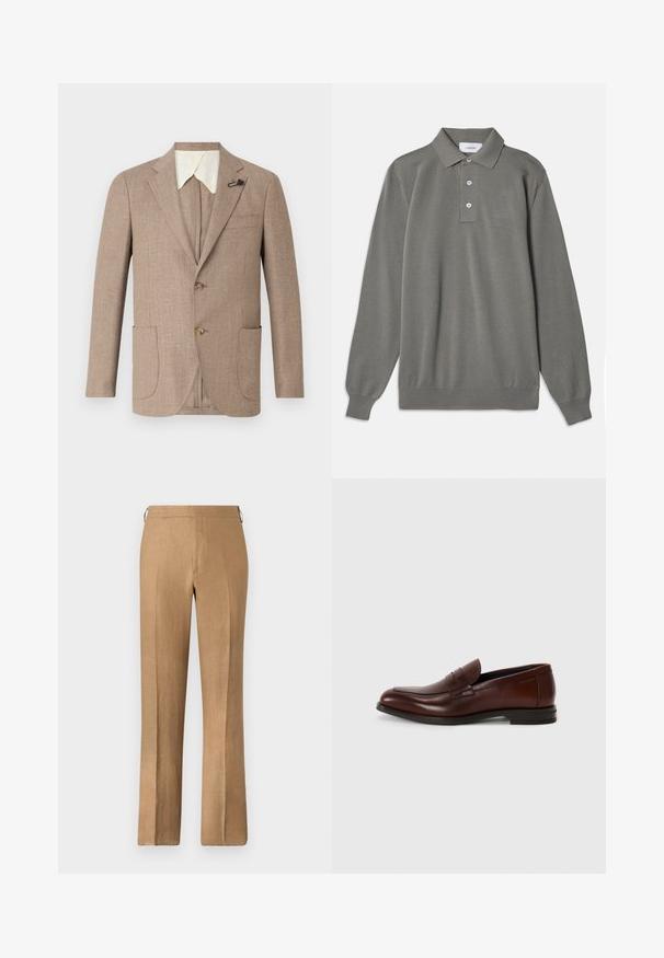Jasnobrązowa kurtka z teksturowanej tkaniny, z klapami, podwójnym zapięciem z przodu oraz dwiema naszywanymi kieszeniami z przodu. Posiada kontrastowy biały kołnierz.; Szary polo z długim rękawem, wykonany z teksturowanej tkaniny, z klasycznym kołnierzykiem, zapięciem na trzy guziki oraz ribbowanymi mankietami.; Brązowe lniane spodnie o prostym kroju, z gładką fakturą, ukrytą talią i bez widocznych kieszeni.; Brązowe skórzane mokasyny z zaokrąglonym noskiem, detalem z przodu oraz niskim, warstwowym obcasem. Gładka faktura z minimalnymi akcentami dekoracyjnymi.