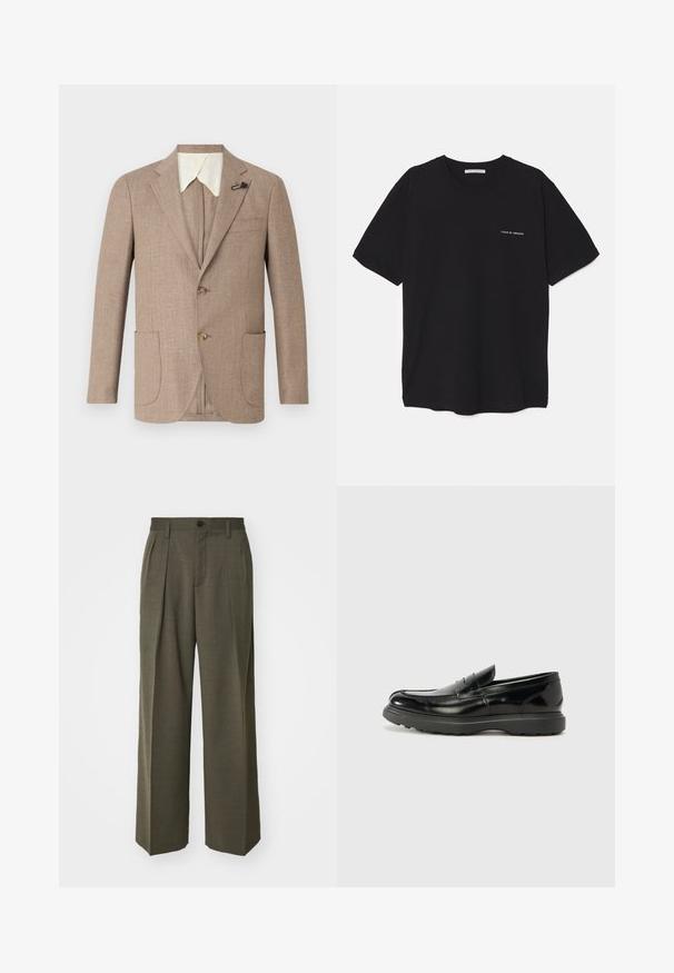 Jachetă de culoare maro deschis, dintr-un material texturat, cu reveruri la indigo, cu deschidere cu două butoane și două buzunare frontale aplicate. Prezintă un guler alb contrastant.; Tricou din bumbac negru, cu guler rotund, mâneci scurte și un imprimeu alb cu logo pe partea stângă a pieptului. Design simplu, de culoare uniformă.; Filippa K WIDE TROUSERS - Pantaloni - driftwood; Mocasin din piele neagră cu o finisare lucioasă, vârf rotunjit, detalii de cusătură subtile și o talpă groasă din cauciuc pentru durabilitate.
