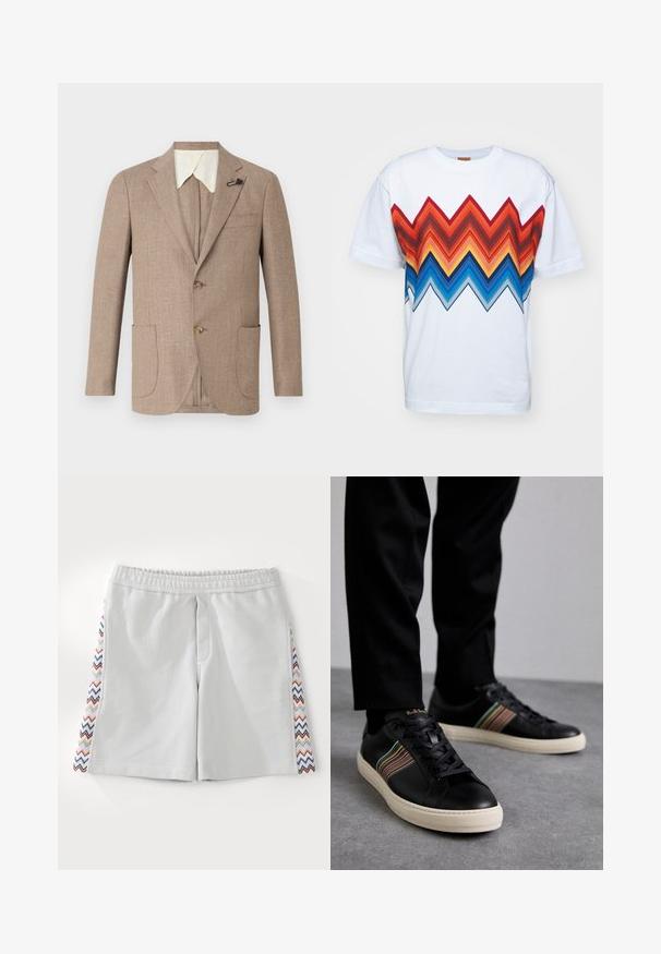 Svetlohnedá bunda s textúrovanou tkaninou, s výrezmi na klopách, dvojgombíkovým zapínaním a dvoma prednými vreckami. Má kontrastný biely golier.; Biela bavlnená tričko s multicolorovým vzorom v tvare zigzag v červenej, oranžovej, modrej a čiernej farbe na prednej strane. Krátke rukávy a okrúhly výstrih.; Svetlosivé atletické šortky s elastickým pásom a mnohobarevným cik-cak vzorom po bokoch. Hladká textúra a dĺžka po kolená.; Čierne kožené tenisky s multicolor pruhovanými akcentmi, okrúhlou špičkou a bielymi gumovými podrážkami, s šnurovacím dizajnom a embosovanou značkou.