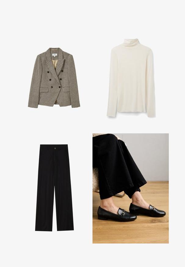 Blazer doppiopetto beige e marrone con motivo a scacchi, con rever a punta, due tasche frontali e bottoni neri. Interno foderato.; Maglietta a collo alto di colore crema a maniche lunghe realizzata in tessuto morbido, con un collo aderente e un design semplice, maniche lunghe e fondo dritto.; Pantaloni neri a gamba larga realizzati in un tessuto liscio, dotati di tasche frontali e chiusura con bottone in vita. Design minimalista senza motivi.; Mocassini in pelle nera con punta quadrata e tacco basso, dotati di un accento decorativo in metallo dorato sulla parte superiore.