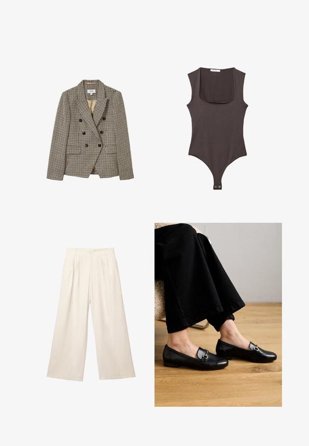 Vaalean beige ja ruskea houndstooth-kuvioinen kaksirivinen bleiseri, jossa on terävät läpät, kaksi etutaskua ja mustat napit. Vuorattu sisus.; Ruskea hihaton bodysuit, jossa on neliön muotoinen kaula-aukko, valmistettu pehmeästä kankaasta. Mukana on neppari suljenta alhaalla ja mukautettu siluetti.; Kapeita leveitä housuja vaaleanbeigessä värissä, pehmeästä ja teksturoidusta kankaasta. Edessä laskokset ja joustava vyötärö, joka tarjoaa rennon istuvuuden.; Mustat nahkakengät, joissa on neliömäinen varvas ja pieni kantapää, varustettuna kultasävyisellä koristeellisen varusteen yksityiskohdalla yläpuolella.