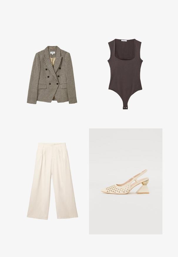 Beige og brun houndstooth-mønstrede dobbeltradede blazer med peak lapels, to frontlommer og sorte knapper. Fodret indvendigt.; Brun ærmeløs bodysuit med firkantet hals, lavet af blødt stof. Har en snap-lukning i bunden og en tætsiddende silhuet.; Løse bukser i en lys beige farve med et blødt, tekstureret stof. Har fremadskuende folder og en elastisk talje for en afslappet pasform.; Beige slingback sko med perforeret overdel, spids tå og en kontrasterende trekantet hæl med en guldfarvet detalje. Glat tekstur generelt.