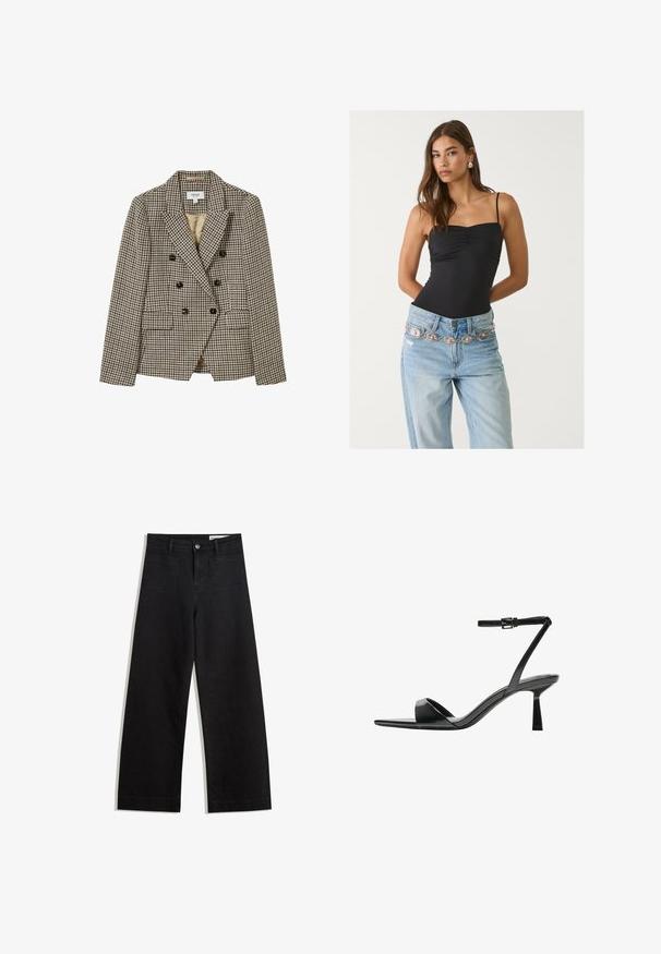 Blazer doppiopetto beige e marrone con motivo a scacchi, con rever a punta, due tasche frontali e bottoni neri. Interno foderato.; Body aderente nero con scollo quadrato, abbinato a jeans azzurri chiari con una cintura decorativa argento e rosa.; Pantaloni in denim neri a gamba larga con vita alta, dotati di tasche anteriori e posteriori, cuciture a punto, e chiusura con bottone. Texture liscia.; Bershka Sandali con tacco - black